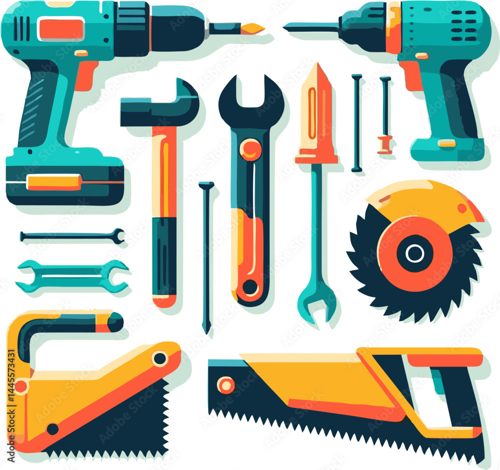 Colorful Flat-Lay Collection of Hand Tools and Power Drills Colorful Flat-Lay Collection of Hand Tools and Power Drills