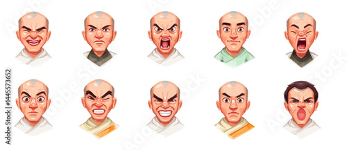 A set of expressive character faces for a Shaolin monk, showcasing different emotions: happy, angry, surprised, sad, mischievous, and neutral.