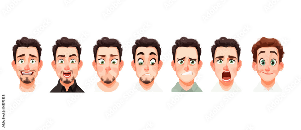 Fototapeta premium A set of expressive character faces for a Tango dancer, showcasing different emotions: happy, angry, surprised, sad, mischievous, and neutral.