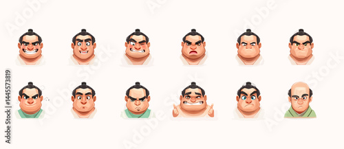 A set of expressive character faces for a Sumo wrestler, showcasing different emotions: happy, angry, surprised, sad, mischievous, and neutral.