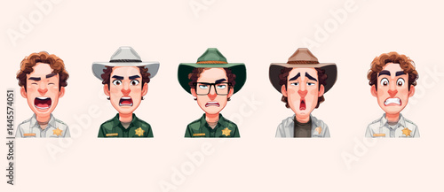 A set of expressive character faces for a Park ranger, showcasing different emotions: happy, angry, surprised, sad, mischievous, and neutral.
