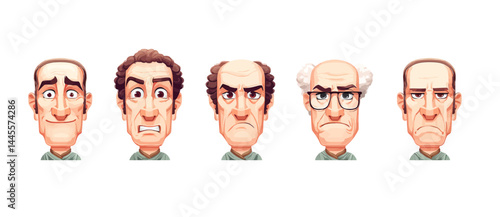 A set of expressive character faces for a Roman senator, showcasing different emotions: happy, angry, surprised, sad, mischievous, and neutral.