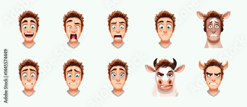 A set of expressive character faces for a Centaur, showcasing different emotions: happy, angry, surprised, sad, mischievous, and neutral.