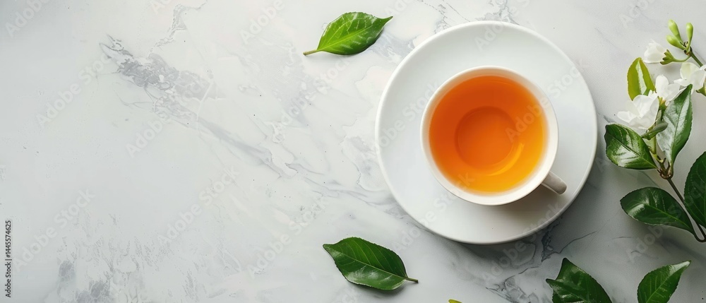Cup of herbal tea with green leaves on a colorful background. Tea and nature concept. Top down aerial view of tea or brown liquid in tea cup decorated with tea leaves. Herbal drink design. AIG55. Cup of herbal tea with green leaves on a colorful background. Tea and nature concept. Top down aerial view of tea or brown liquid in tea cup decorated with tea leaves. Herbal drink design. AIG55.