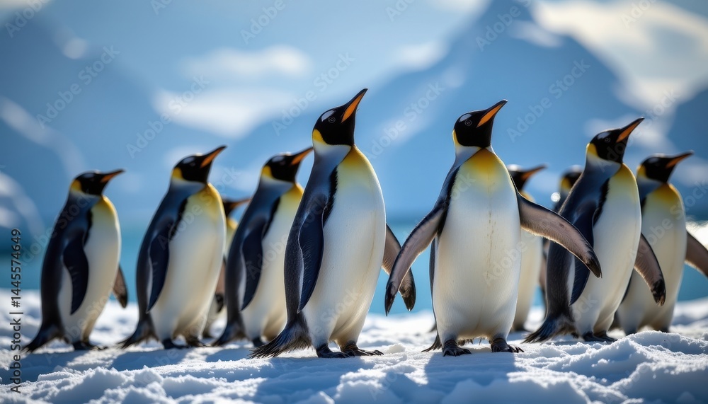 Fototapeta premium a group of sleek and agile penguins, their white bellies contrasting sharply against their black and grey feathers, stand poised on an iceberg under the bright sun