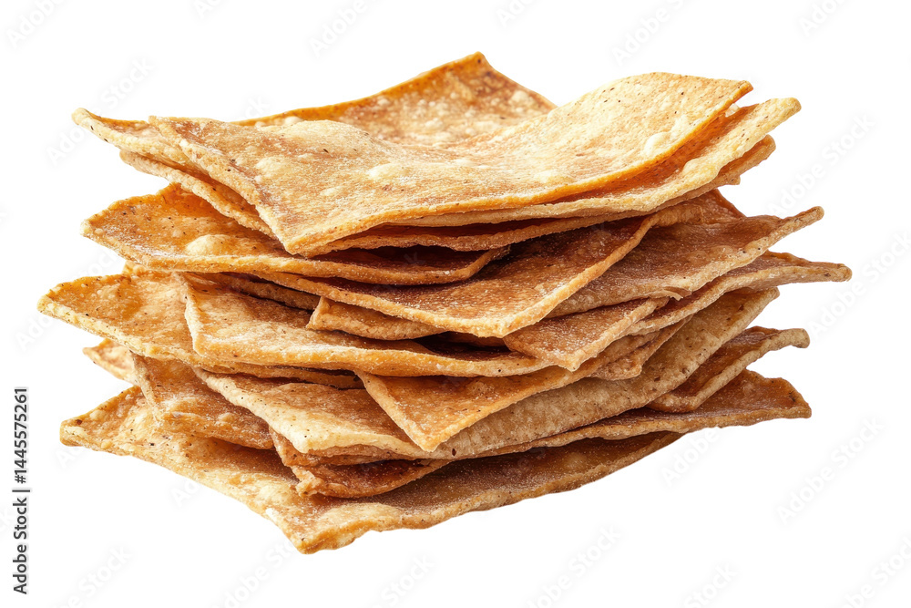 A tempting stack of crispy pita chips perfect for snacking with a light golden brown color and a A tempting stack of crispy pita chips perfect for snacking with a light golden brown color and a