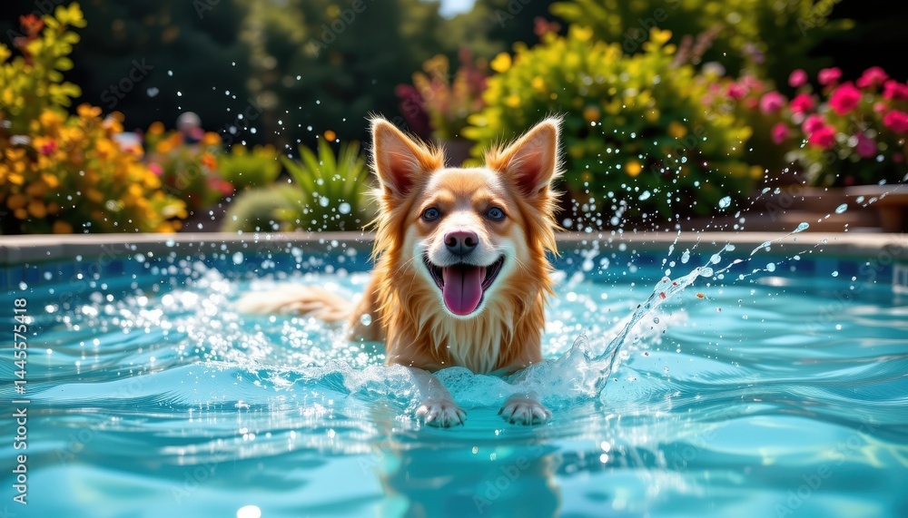 a joyful canine frolics in a shimmering pool encompassed by vibrant foliage on a bright afternoon, immortalizing carefree instances of summer bliss and merriment. a joyful canine frolics in a shimmering pool encompassed by vibrant foliage on a bright afternoon, immortalizing carefree instances of summer bliss and merriment.