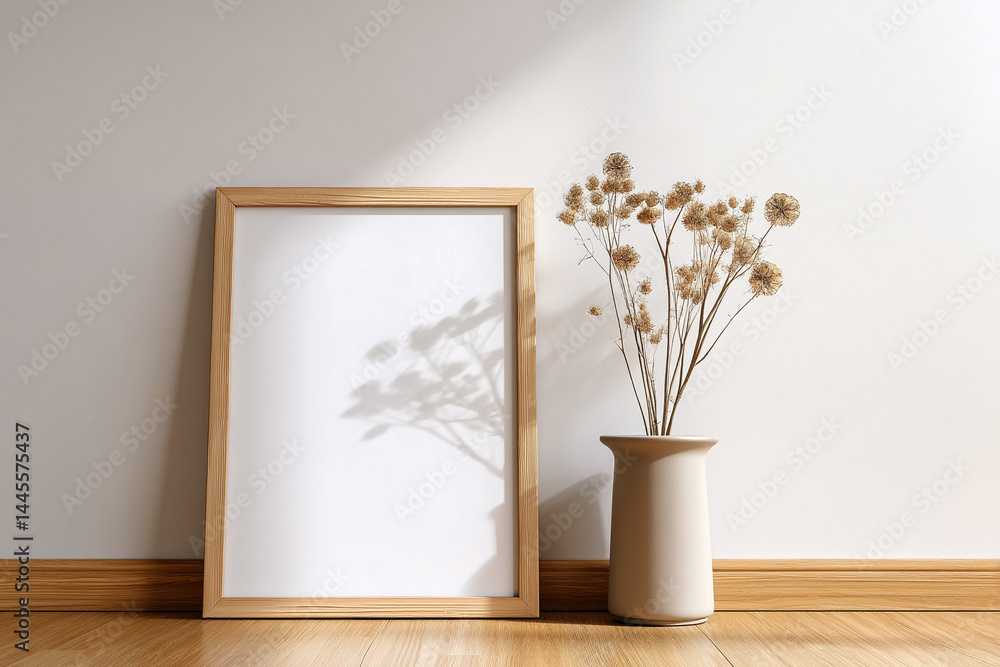 A simple wooden frame mockup leaning against the wall on an empty floor, beside it is a vase with dried flowers. The scene features bright light and shadow, a clean background, A simple wooden frame mockup leaning against the wall on an empty floor, beside it is a vase with dried flowers. The scene features bright light and shadow, a clean background,