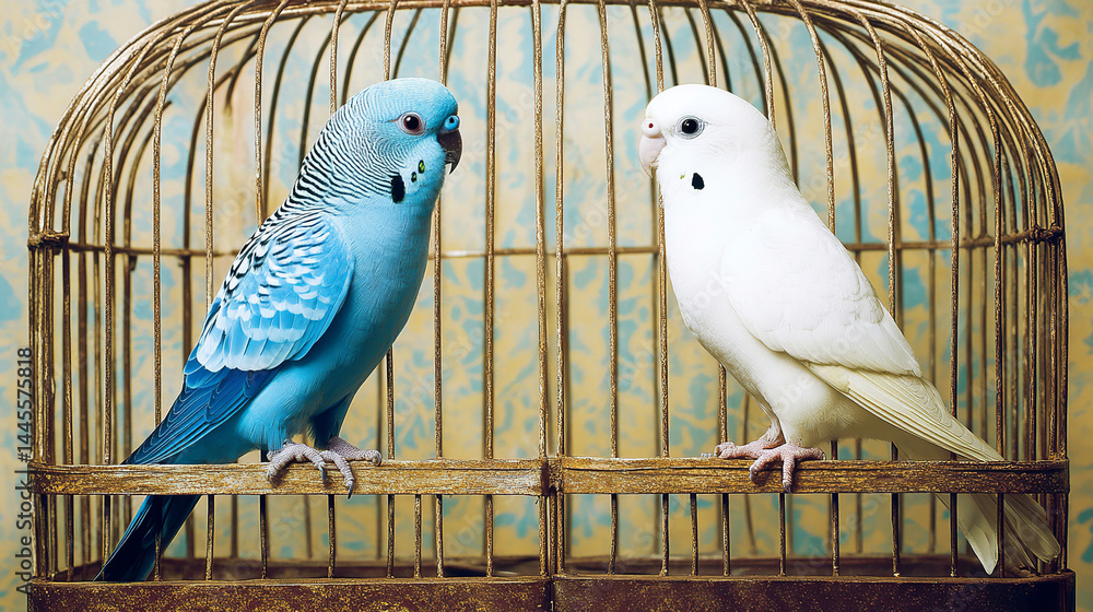 Obraz premium two pet parakeets in a cage indoors, one blue parakeet and one white parakeet