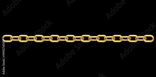 Realistic Golden Chain Isolated On Black Background, Horizontal Jewelry Vector Illustration.	