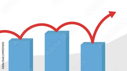A red arrow bounces across uneven blue bars, first rising then falling, creating a sense of uncertainty about the next movement