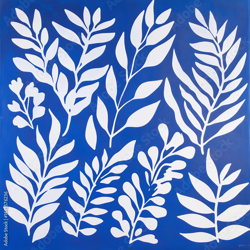 Delicate White Leaves Pattern on Classic Blue Background. Minimalist design featuring white silhouettes of different types of foliage artistically arranged on a blue surface, perfect for projects seek