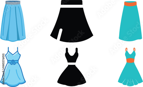 Maxi Skirt and Party Dress Icon Set - Fashion & Evening Wear Design