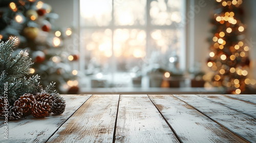 Rustic white wooden table with pinecones and snowy decor, blurred Christmas tree lights background, cozy holiday season concept for festive product display or winter ads