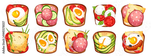 Set of sandwiches. Sandwiches with sausage, egg, mozzarella, avocado, cheese, tomatoes, cucumbers, onions. Top view. Vector illustration on a white background.