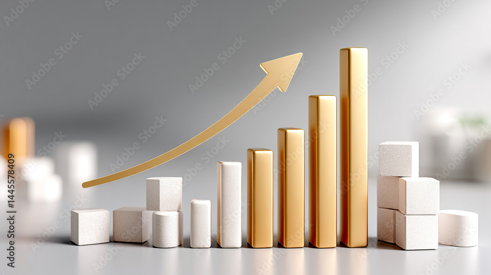 growing financial graph, golden arrow up, clean white background, success concept growing financial graph, golden arrow up, clean white background, success concept