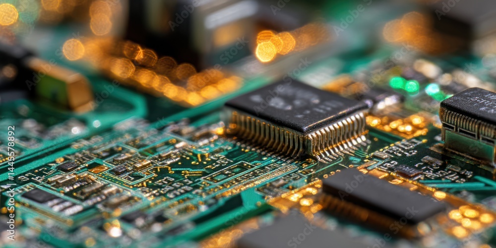 Obraz premium Exploring Microchips: Circuit Board Components & Technology Close Up