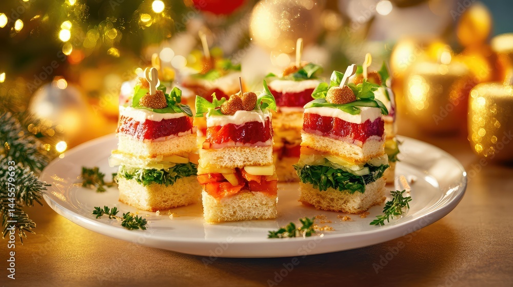 Obraz premium Elegant platter with colorful mini sandwiches and garnishes, softly lit with a warm holiday glow in the background