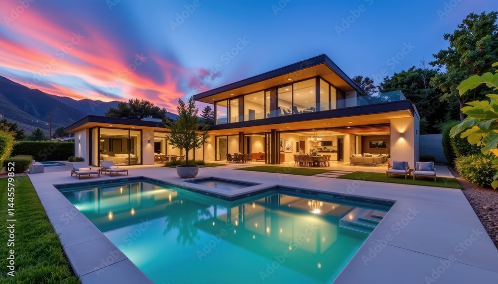 Fototapeta premium this stunning modern home boasts clean lines, floor to ceiling windows, and a seamless integration of indoor and outdoor living spaces