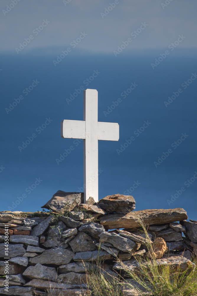 A large, white Cross at the Prodromos Monastery on Mount Athos, Greece, February 2023 A large, white Cross at the Prodromos Monastery on Mount Athos, Greece, February 2023
