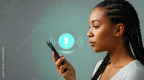 Young woman with braided hair using a smartphone for voice commands in a minimalist setting