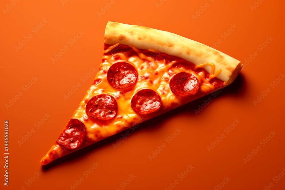 Close-up of a delicious pizza slice against a vibrant orange background. The detailed shot highlights melted cheese, toppings, and crispy crust