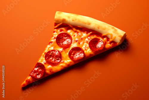 Obraz na płótnie Close-up of a delicious pizza slice against a vibrant orange background. The detailed shot highlights melted cheese, toppings, and crispy crust w salonie