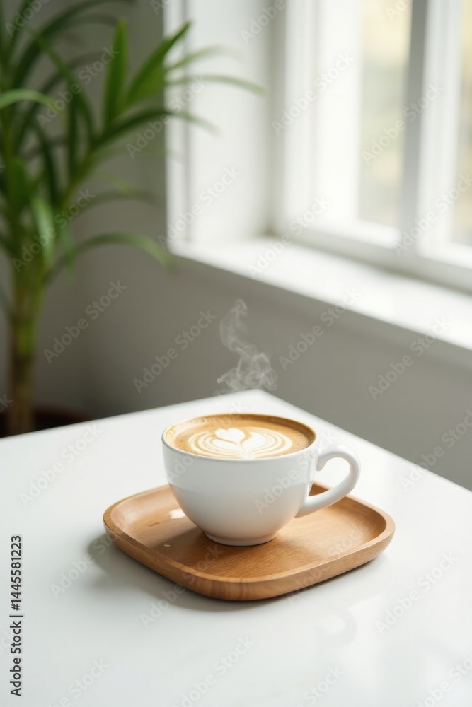 Aromatic Steam Rising from a Perfectly Crafted Latte Art in a White Mug on a Wooden Tray near a Window Aromatic Steam Rising from a Perfectly Crafted Latte Art in a White Mug on a Wooden Tray near a Window