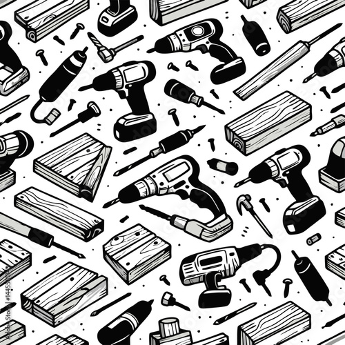 Wallpaper Mural Seamless Pattern: Black and White Hand-Drawn Tools and Wood Torontodigital.ca
