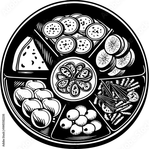A round serving platter featuring assortments of appetizers, including cheese, meats, and fruits.