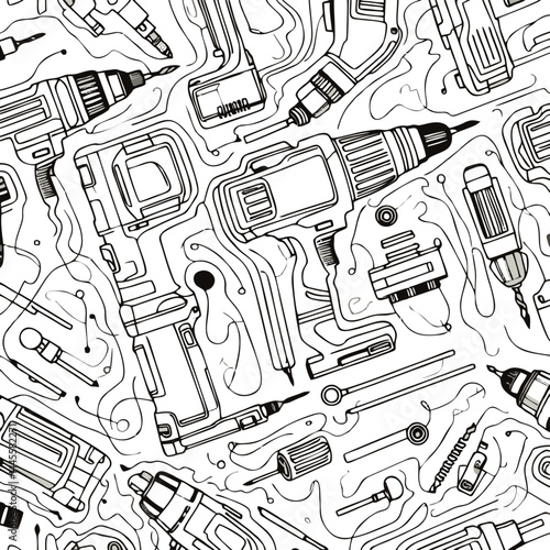 Abstract Seamless Pattern of Hand Drawn Power Tools