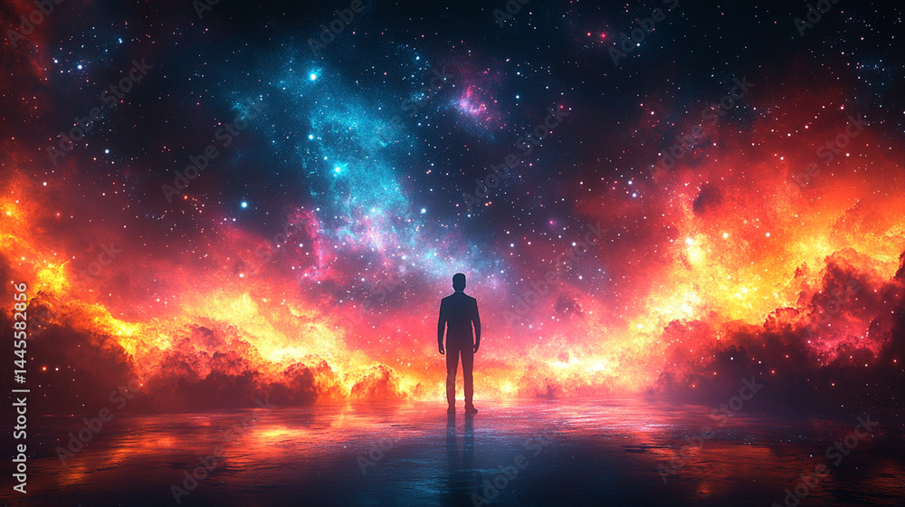 Fototapeta premium Man observing vibrant nebula in space