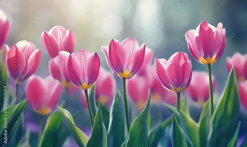 Fototapeta premium Hello spring sale banner with 3D tulips and envelope on pink background. AI generated illustration.
