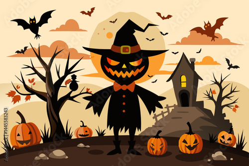 Halloween Scarecrow with Jack-o'-lantern and Full Moon.
