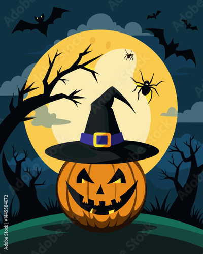 Spooky Halloween Jack-o'-lantern with Witch Hat and Full Moon.