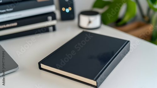 Wallpaper Mural Workplace composition featuring a black book and stacked books on a desk Torontodigital.ca