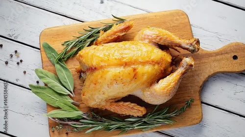 Roasted chicken, herbs, wooden board