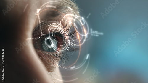 A detailed close-up of the human retina illuminated by a holographic display, projecting real-time data and interactive visual elements.