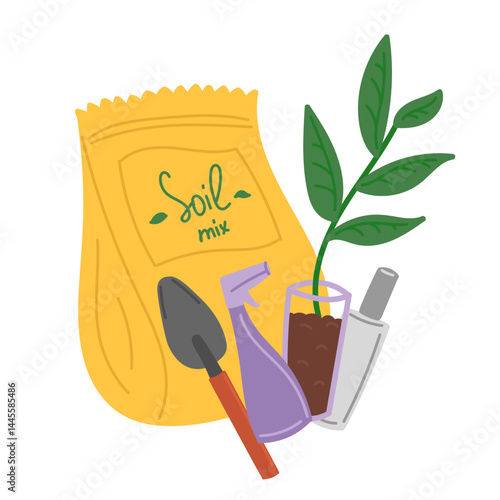 Gardening items composition in flat cartoon design. Soil mix in yellow bag, green seedling in plastic cup, hand gardener trowel, spray bottle and fertilizer. Garden equipment. Vector illustration