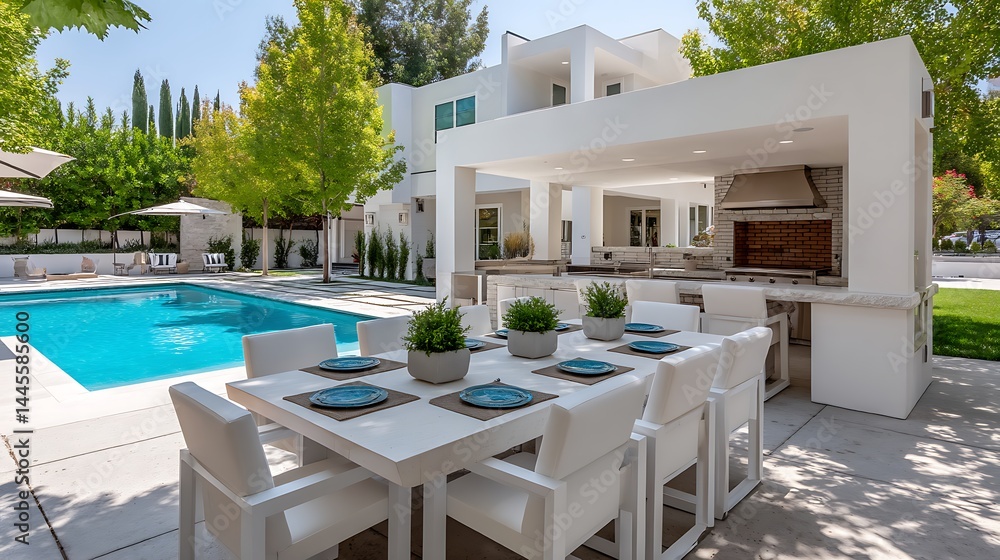 Fototapeta premium Modern Luxury Backyard with Pool Outdoor Dining and Built in BBQ