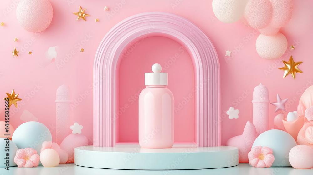 Pink beverage bottle on pastel display Pink beverage bottle on pastel display