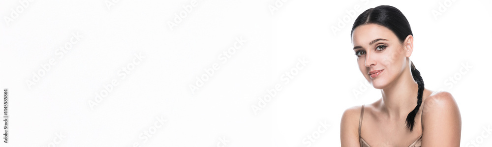 Banner with beauty portrait of young beautiful smiling woman against white background.
