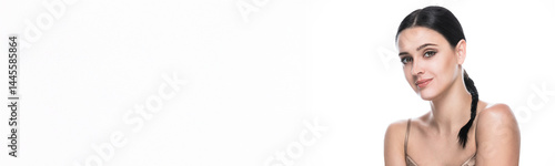 Obraz na płótnie Banner with beauty portrait of young beautiful smiling woman against white background. w salonie