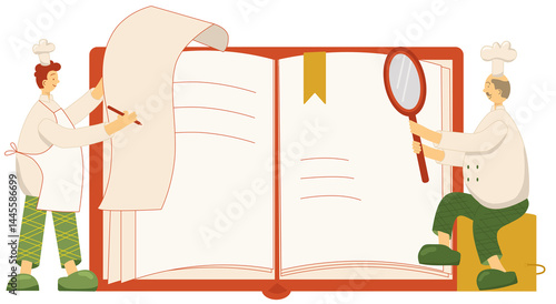 Professional cook, chef at work, cooking food, preparing dishes in restaurant kitchen, preparation process. Illustration on transparent background for design template menu or decoration.