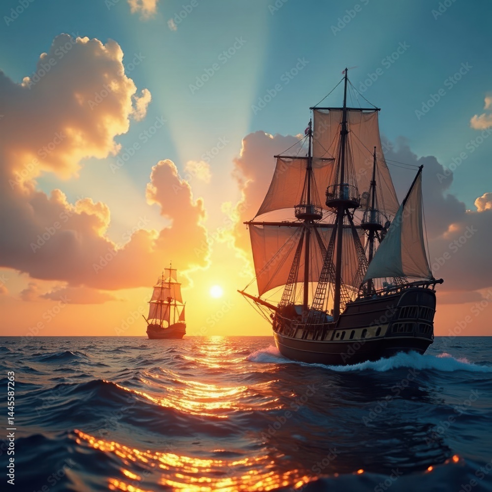 Obraz premium Three old ships sailing into the sunset on the open sea with sailboat, sunset, maritime