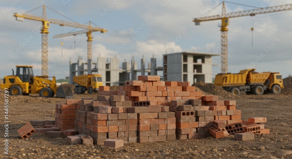 Construction Site with Stack of Bricks and Yellow Heavy Machinery Under Construction Construction Site with Stack of Bricks and Yellow Heavy Machinery Under Construction