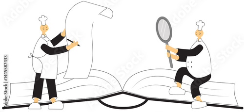 Professional cook, chef at work, cooking food, preparing dishes in restaurant kitchen, preparation process. Illustration on transparent background for design template menu or decoration.