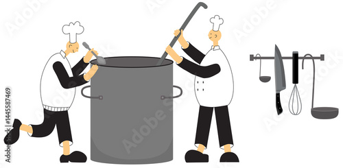 Professional cook, chef at work, cooking food, preparing dishes in restaurant kitchen, preparation process. Illustration on transparent background for design template menu or decoration.