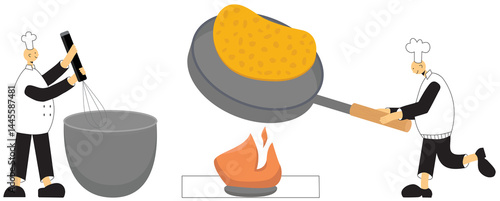 Professional cook, chef at work, cooking food, preparing dishes in restaurant kitchen, preparation process. Illustration on transparent background for design template menu or decoration.