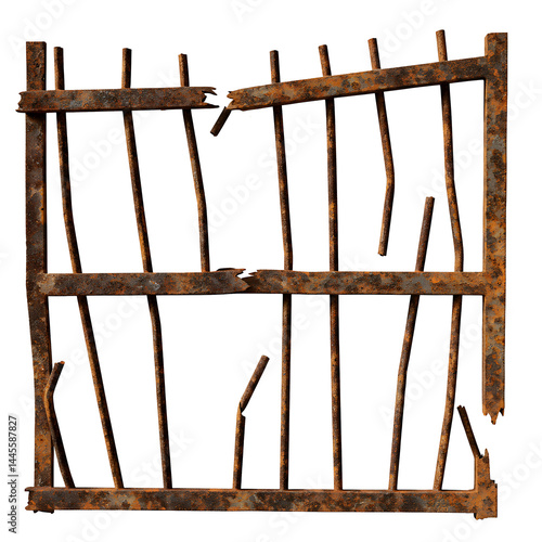 Broken and Rusty Metal Fence Section Isolated